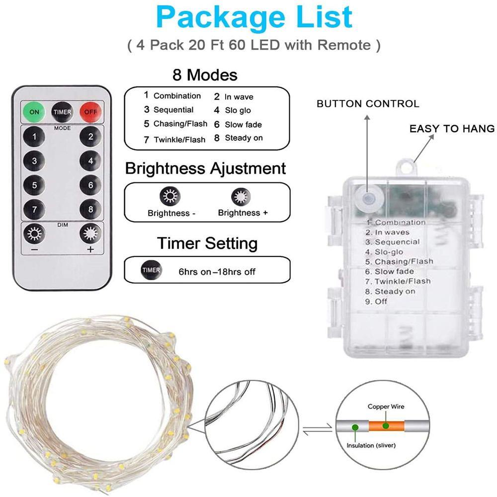 Homemory 4 Pack 20 Ft 60 LED Christmas Lights with Remote Waterproof 8 Modes Firefly Twinkle String Lights(Cool White) - HOMEMORY SHOP