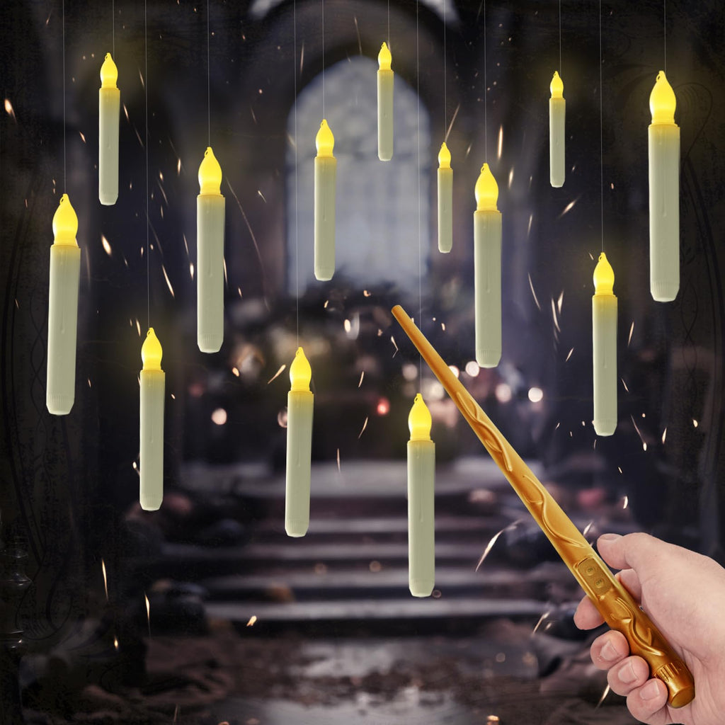 Floating Candles with Wand, 20 PCs Magic Hanging Candles, Flickering Warm  Light Flameless Floating LED Candle with Wand Remote, Battery Operated  Window Taper Candle Set for Halloween Decorations