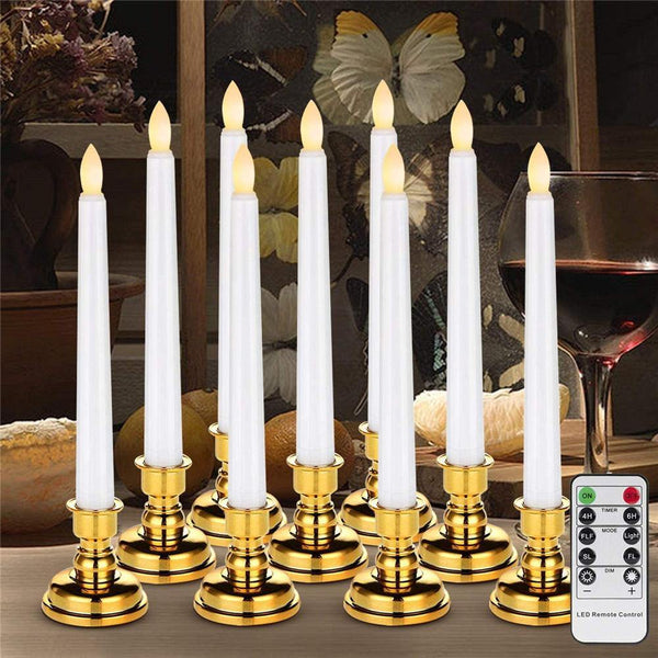 Homemory Pack of 9 Flameless Taper Window Candles with Remote and Timer, Warm White Light(With gold holders) - HOMEMORY SHOP