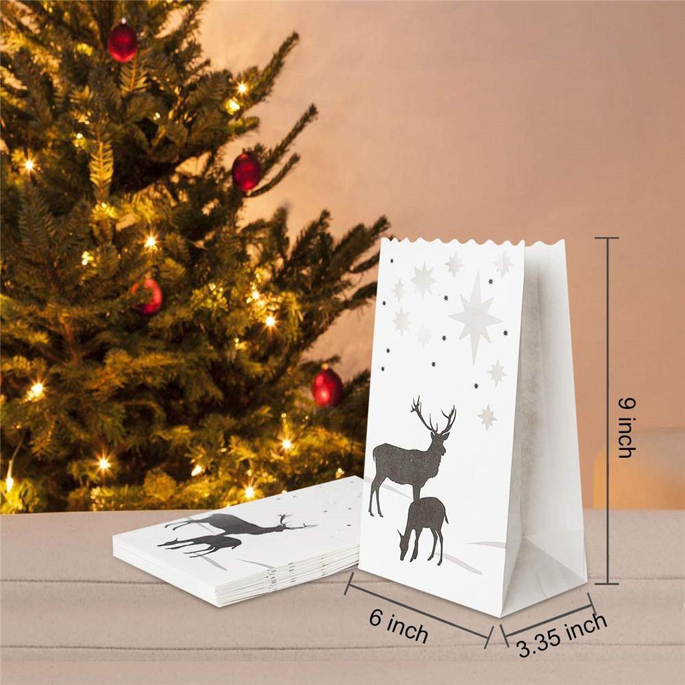 Homemory 24 PCS White Stars Elks Deer Luminary Bags - Flame Resistant Tealight Candle Bags, for Thanksgiving, Christmas, Party Decoration - HOMEMORY SHOP