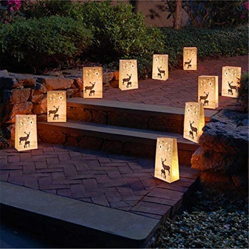 Homemory 24 PCS White Stars Elks Deer Luminary Bags - Flame Resistant Tealight Candle Bags, for Thanksgiving, Christmas, Party Decoration - HOMEMORY SHOP